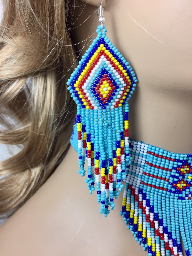 Turquoise Blue Beaded Choker Necklace Earrings Set