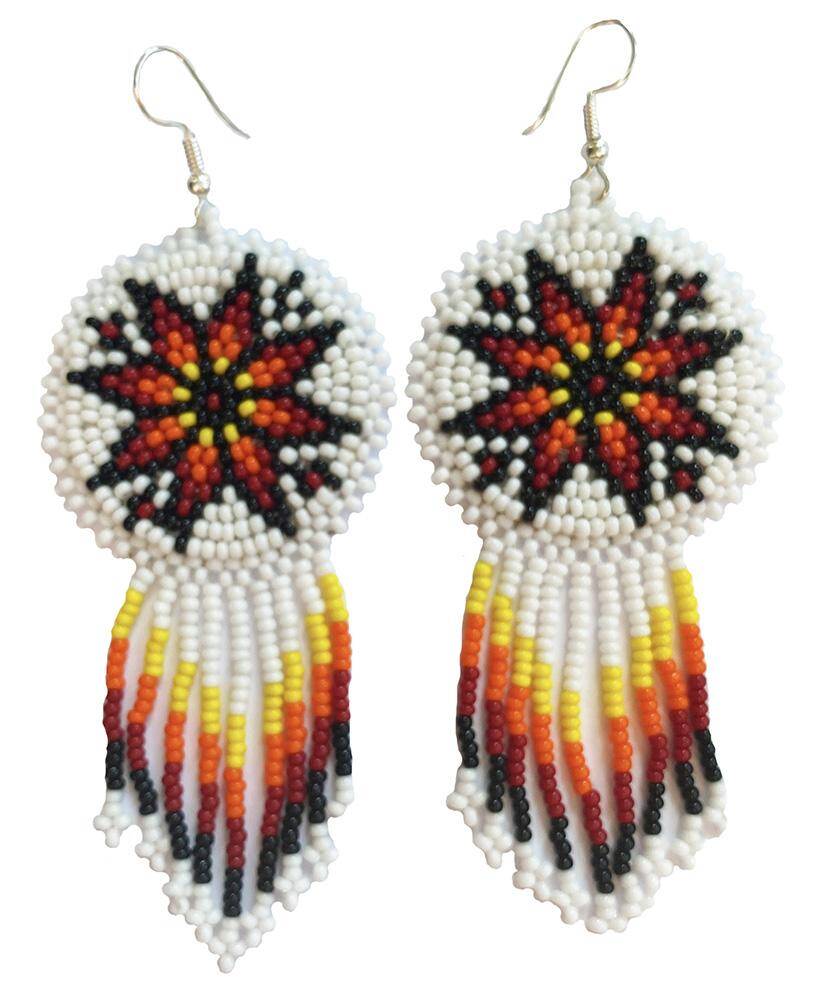Handmade Beaded White Fire Color Round Fringe Hook Earrings
