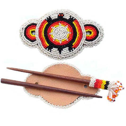 Beaded Barrette Wood Stick Slide Thunderbird Rosettes Beadwork
