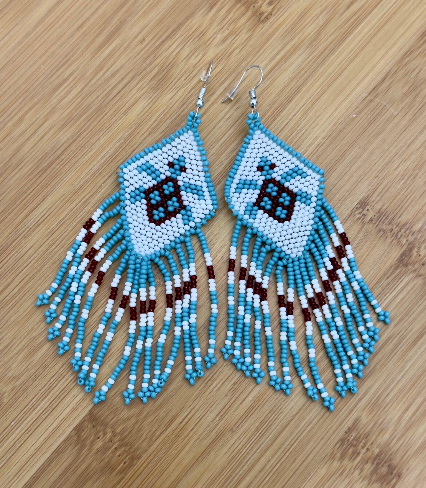 Handcrafted Native Style Beaded Light Blue Turtle Earrings