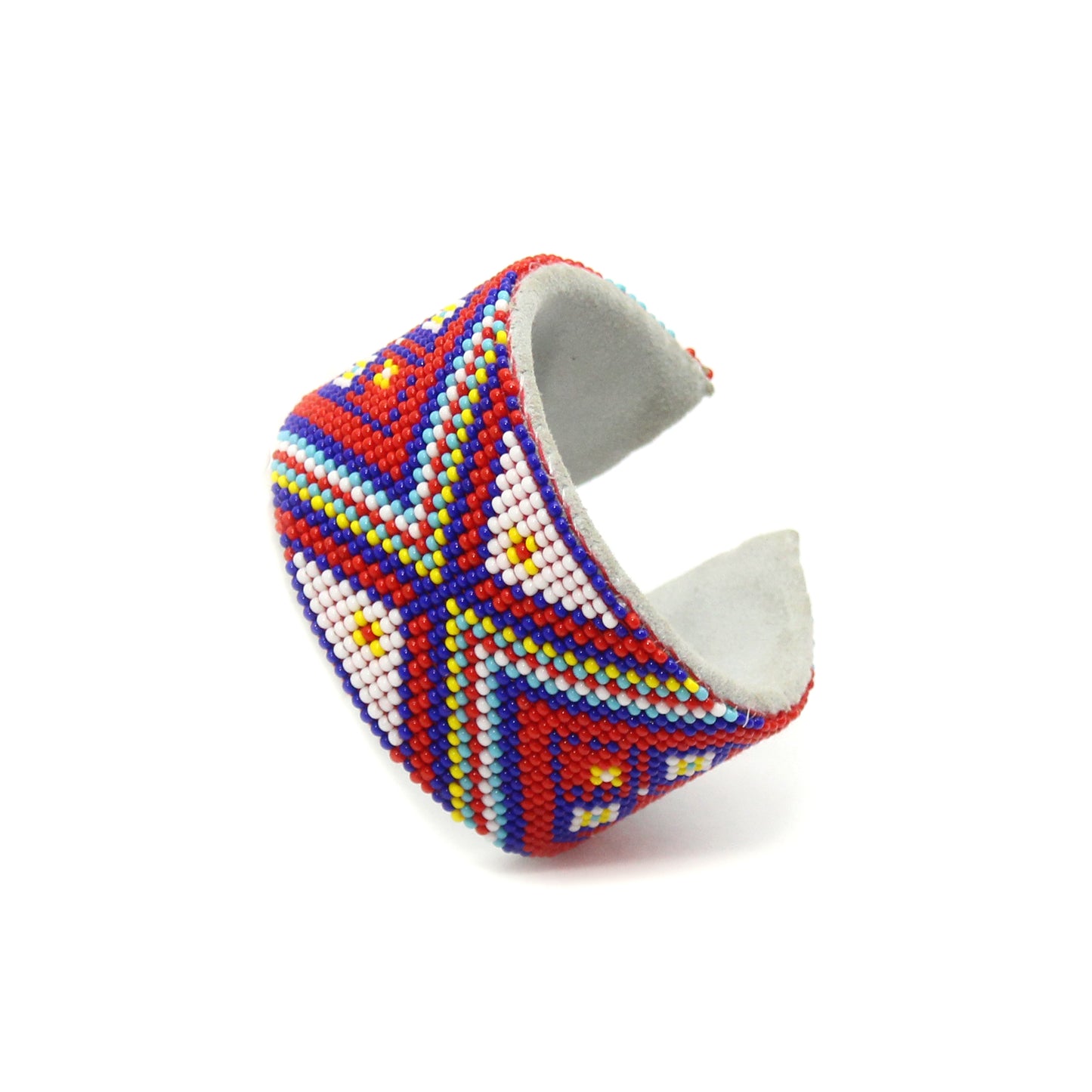 Handmade Beaded Red Multi-colored Leather Hard Cuff Bracelet - Geometric Design, Adjustable