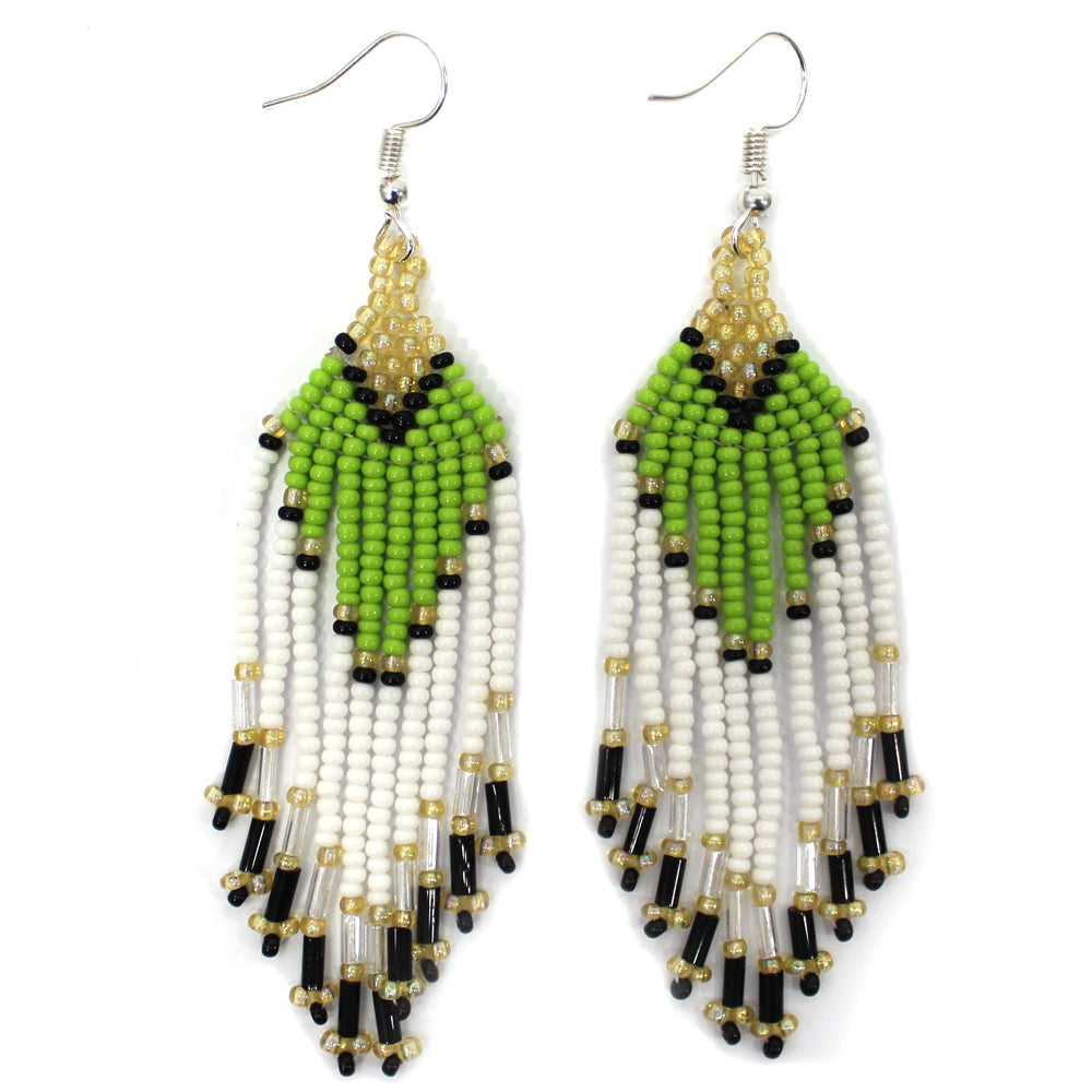 Vibrant Green & White Beaded Dangle Earrings