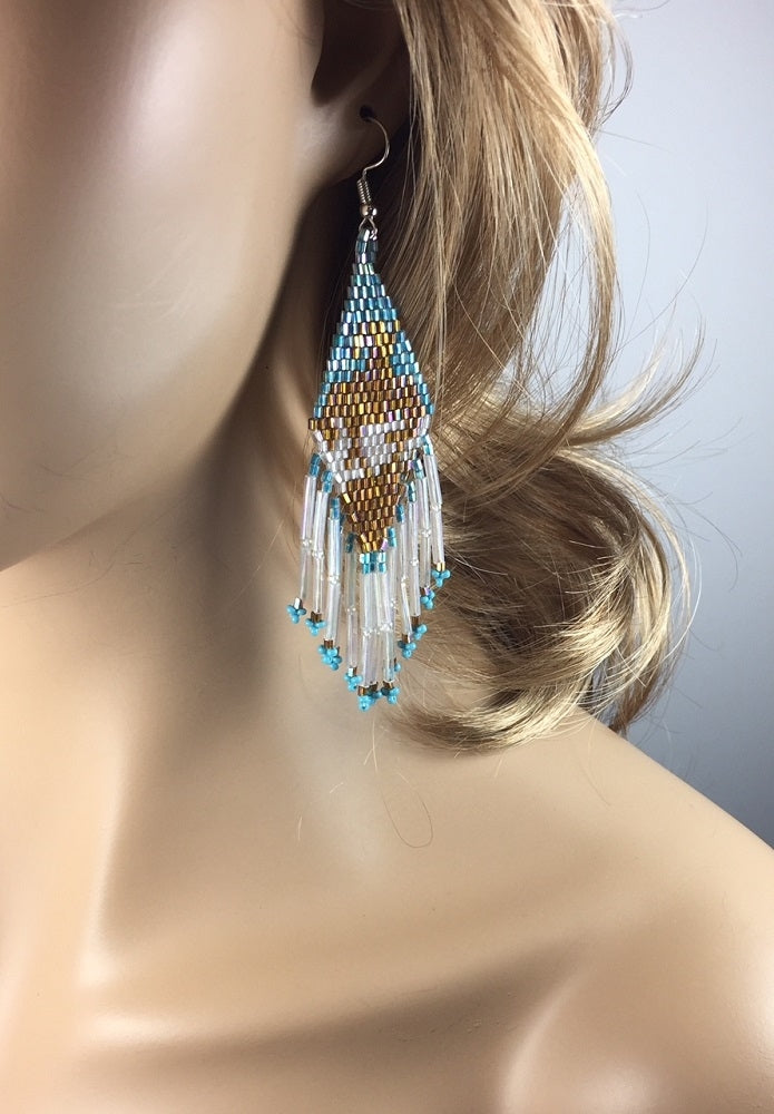 Handmade End Of Trail Brown White Delica Seed Bead Big Earrings