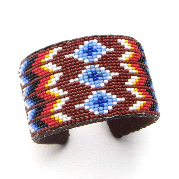 Handmade Seed Beaded Brown Hard Cuff Leather Bracelet with Vibrant Blue Fire Pattern