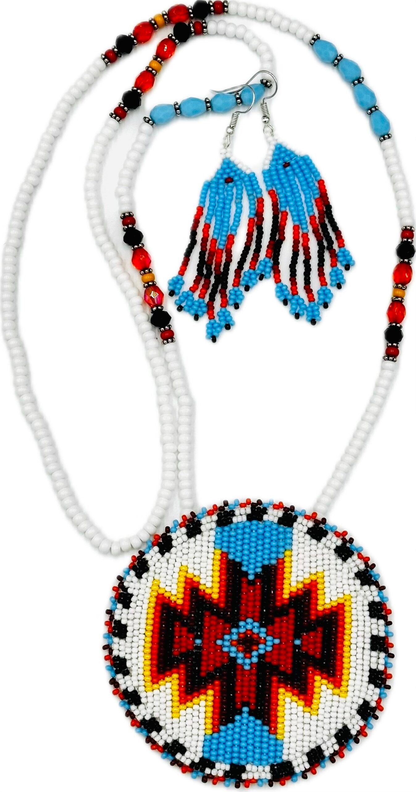 Handmade beaded White Red medallion necklace earrings set