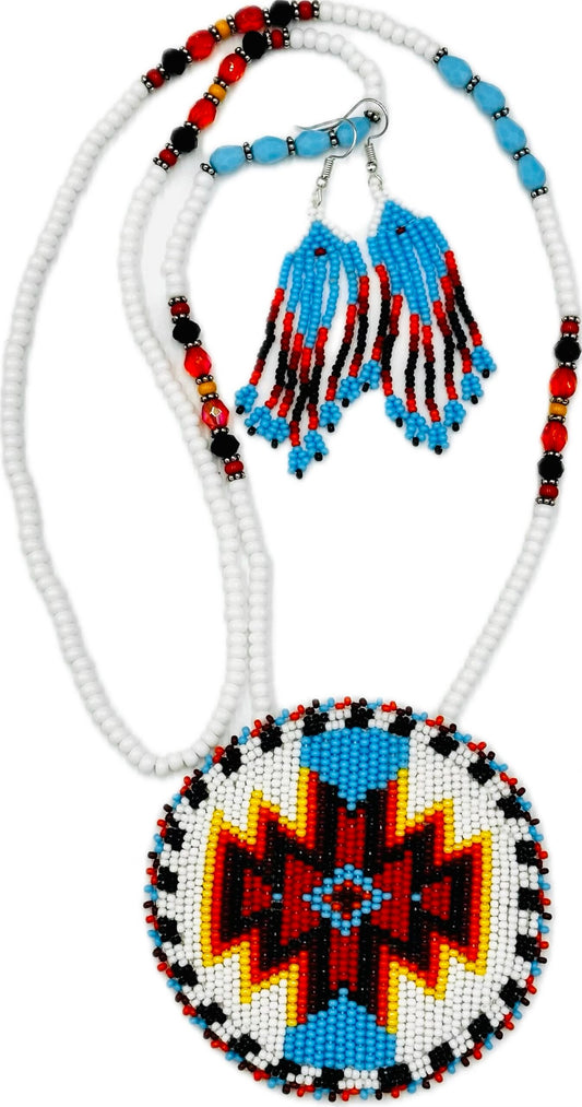 Handmade beaded White Red medallion necklace earrings set