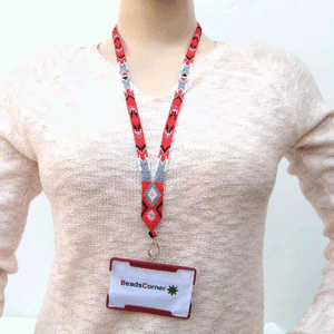 Handmade Red Grey White Seed Beaded Lanyard Id Holder