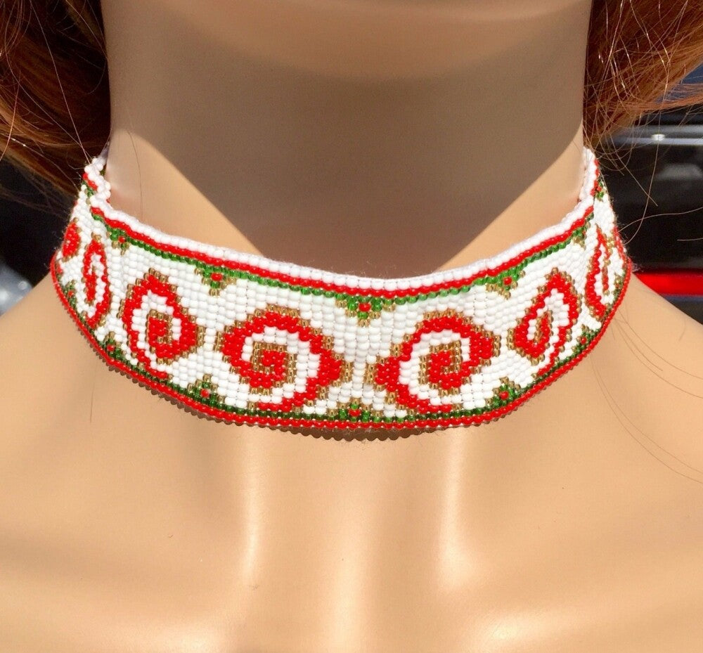 Handmade Native Inspired White Red Choker Necklace Earrings Set