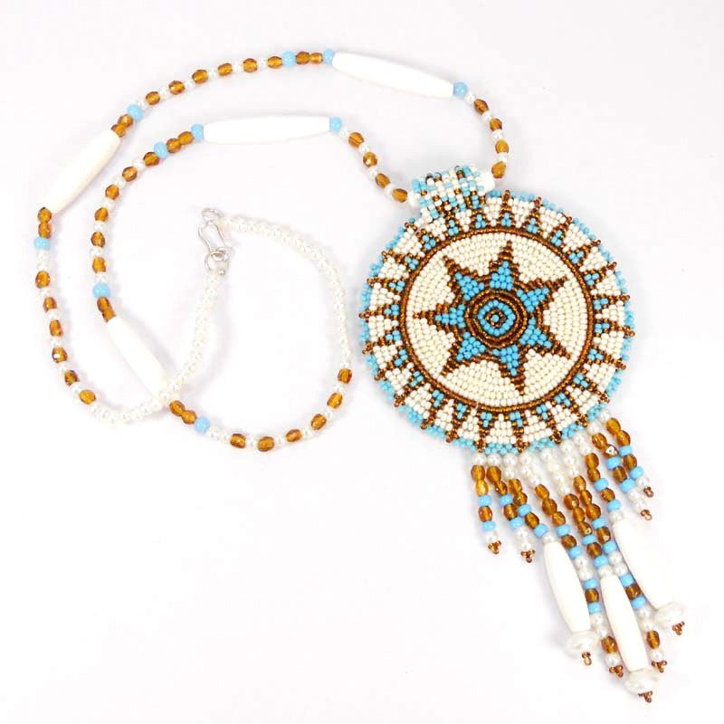 White Turquoise Seed Bead Long Star Medallion Necklace Earrings Set