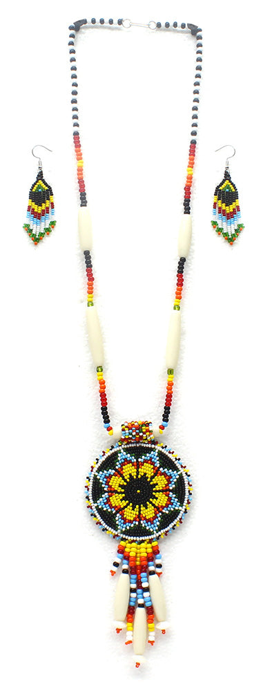 Black Yellow Seed Bead Long Star Medallion Handmade Necklace Earrings Set