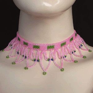 Pink Green Egyptian Art Beaded Choker Necklace Earrings
