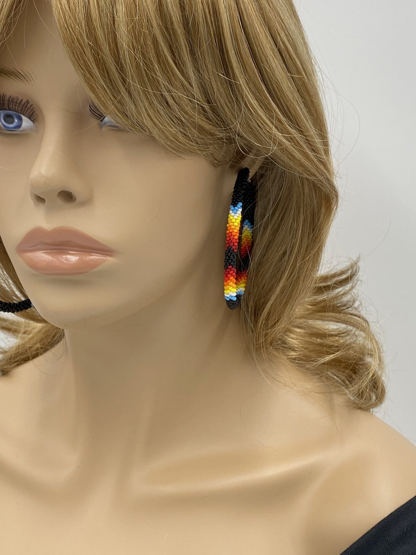 Handmade Native Style 3 Inch Hoop Earrings with Czech Seed Beads - Black Fire