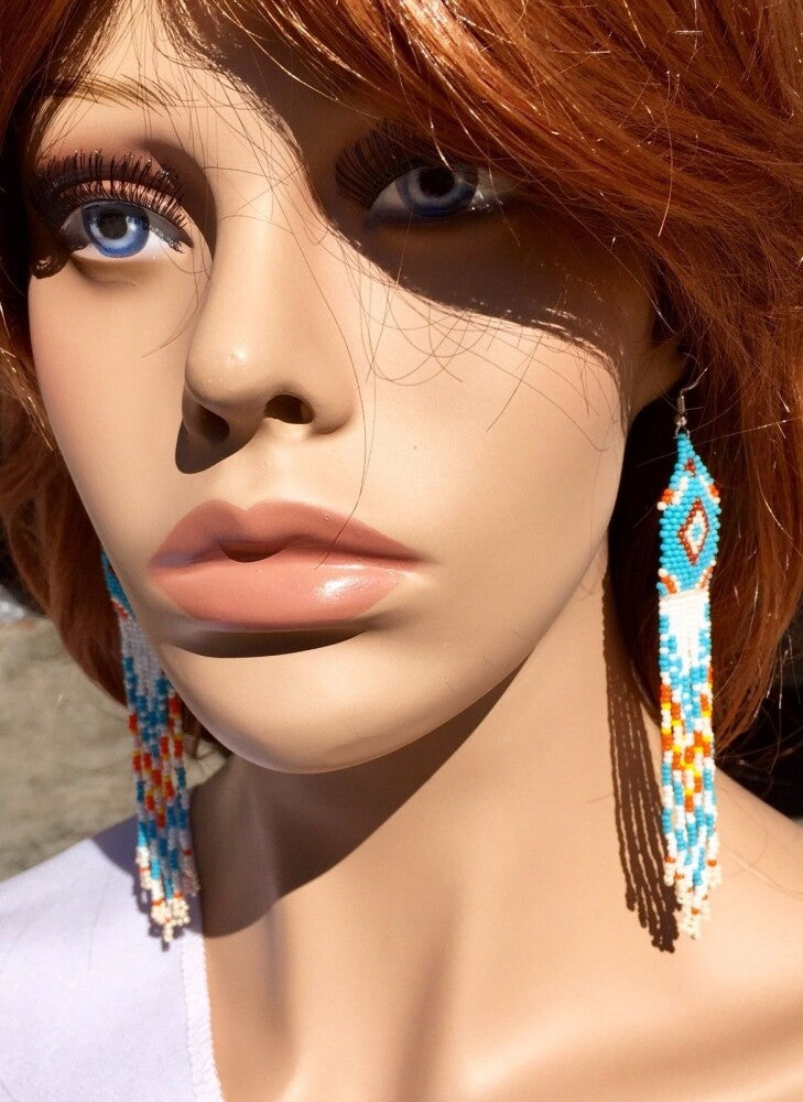 Handmade Beaded Blue White Long Chandelier Earrings