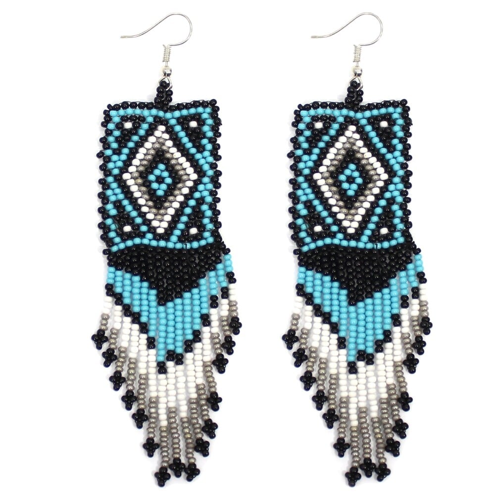 Handmade Beaded Blue Black Seed Bead Medicine Mens Big Earrings