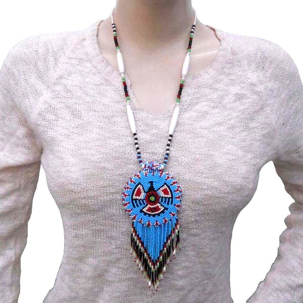 Turquoise Seed Beads Long Medallion Eagle Beaded Necklace Earrings Set