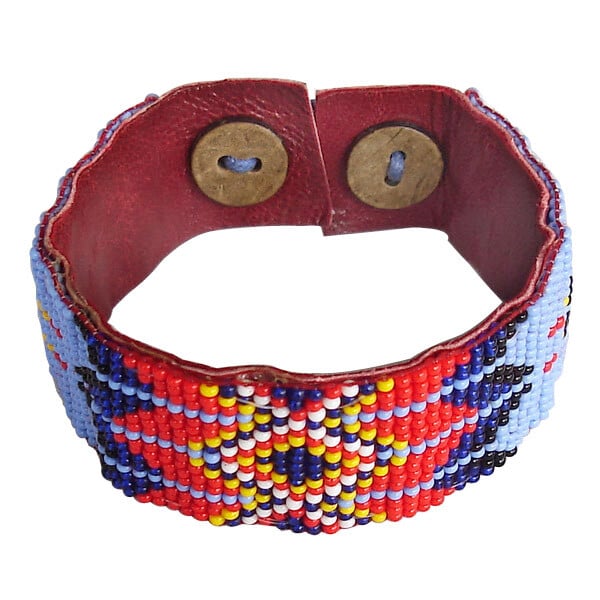 Handmade Blue and Red Seed Beaded Leather Soft Cuff Adjustable Bracelet - Boho-Chic Style Statement