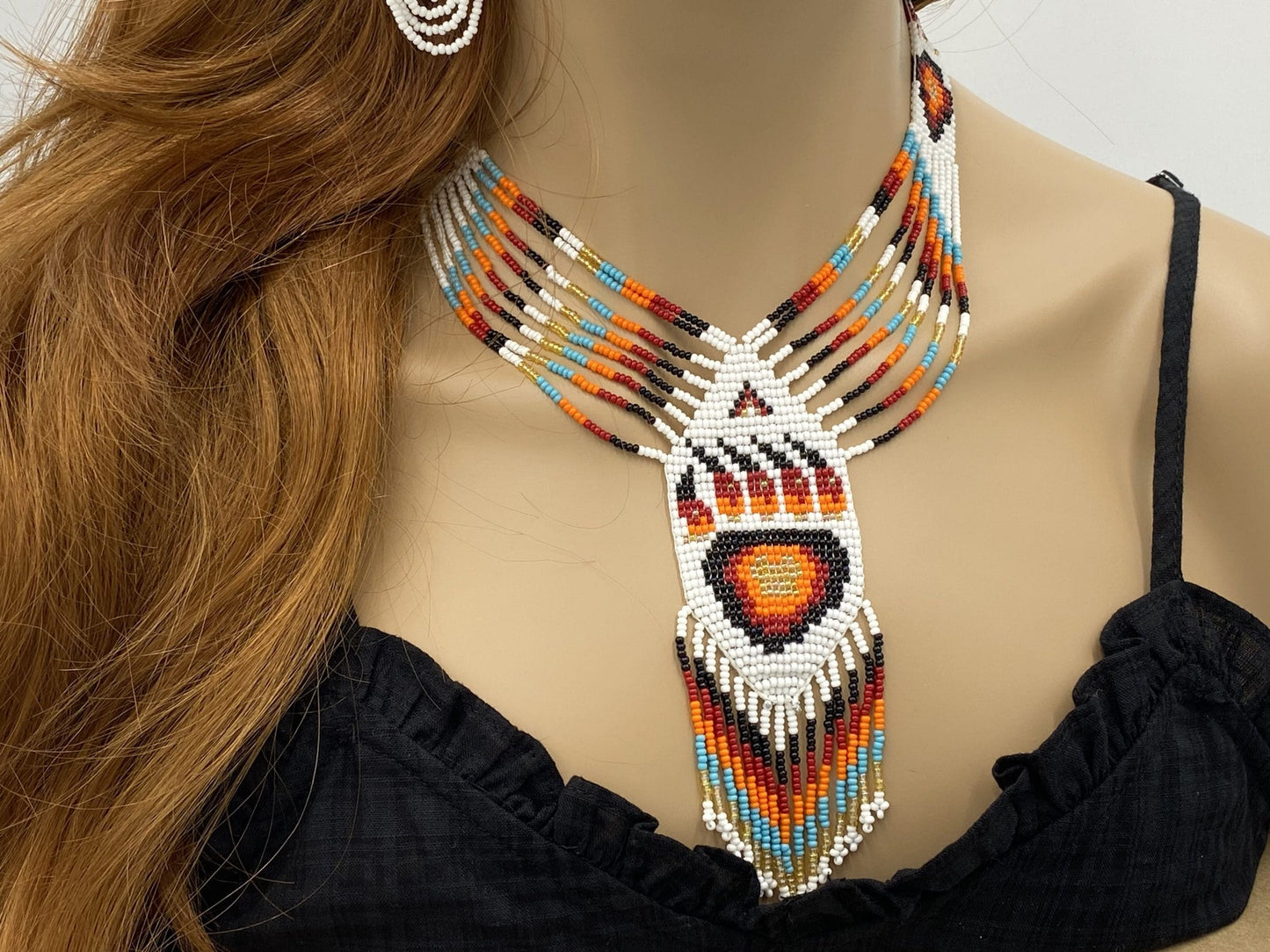 Handmade Beaded Red Bear Paw Statement Necklace Earrings Set