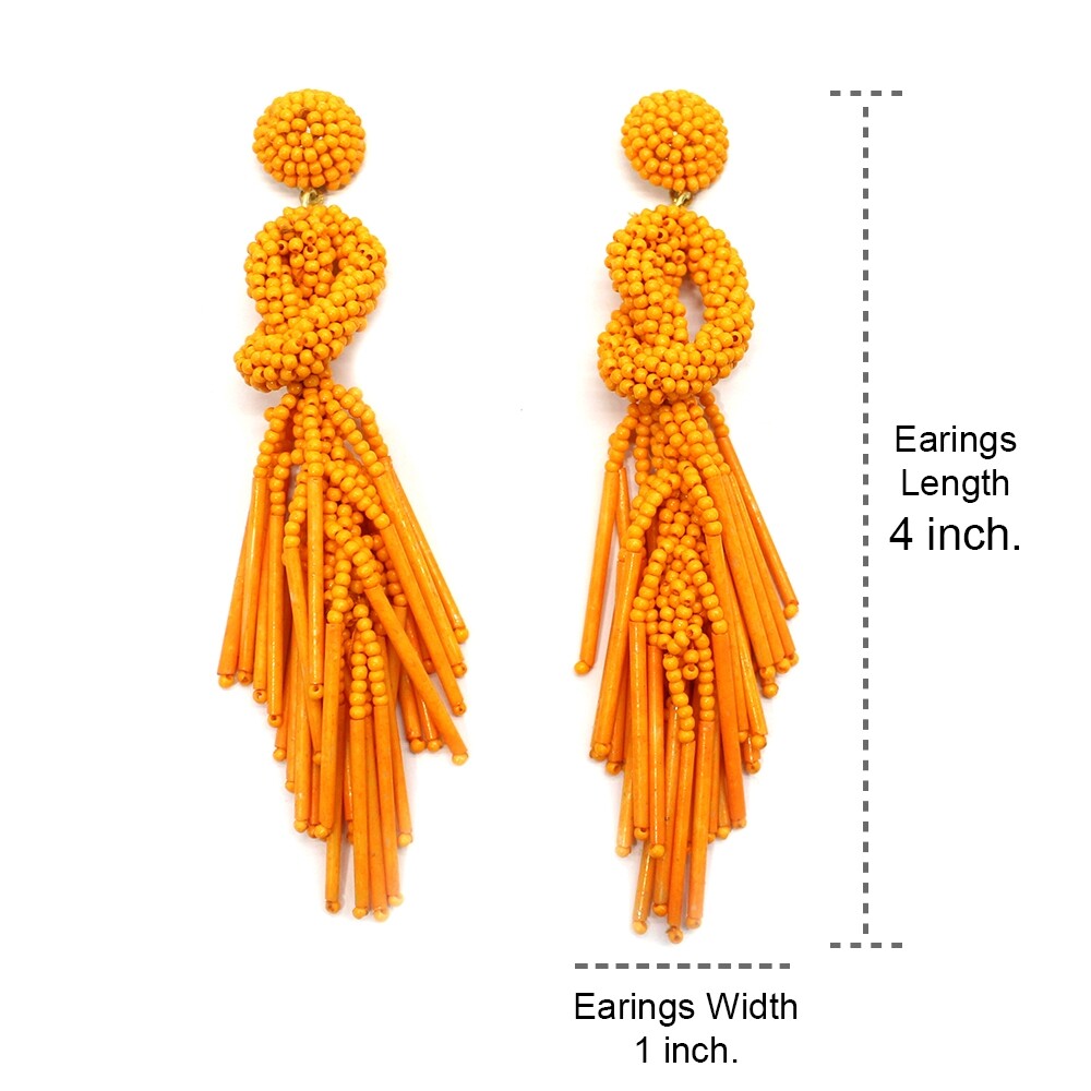 Handmade Beaded Solid Color Post Statement Earrings for Women Girl All Season - 4 inch Long Dangle with Celtic Knot Design - Czech Seed Beads - Orange