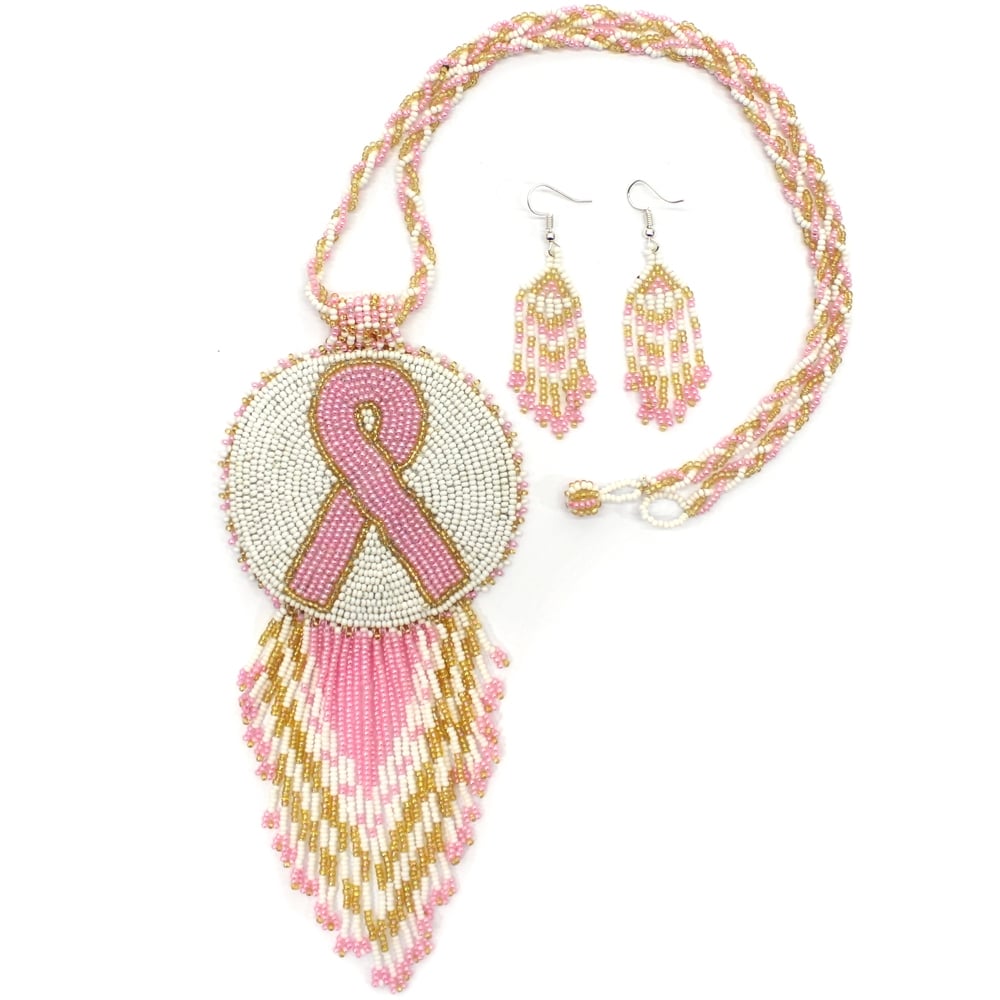 Pink Ribbon Handmade Breast Cancer Awareness Beaded Necklace Earrings Set