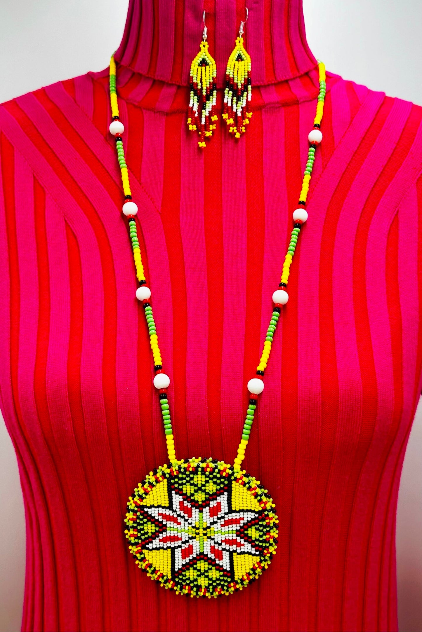Handmade beaded Yellow Flower Medallion necklace earrings set