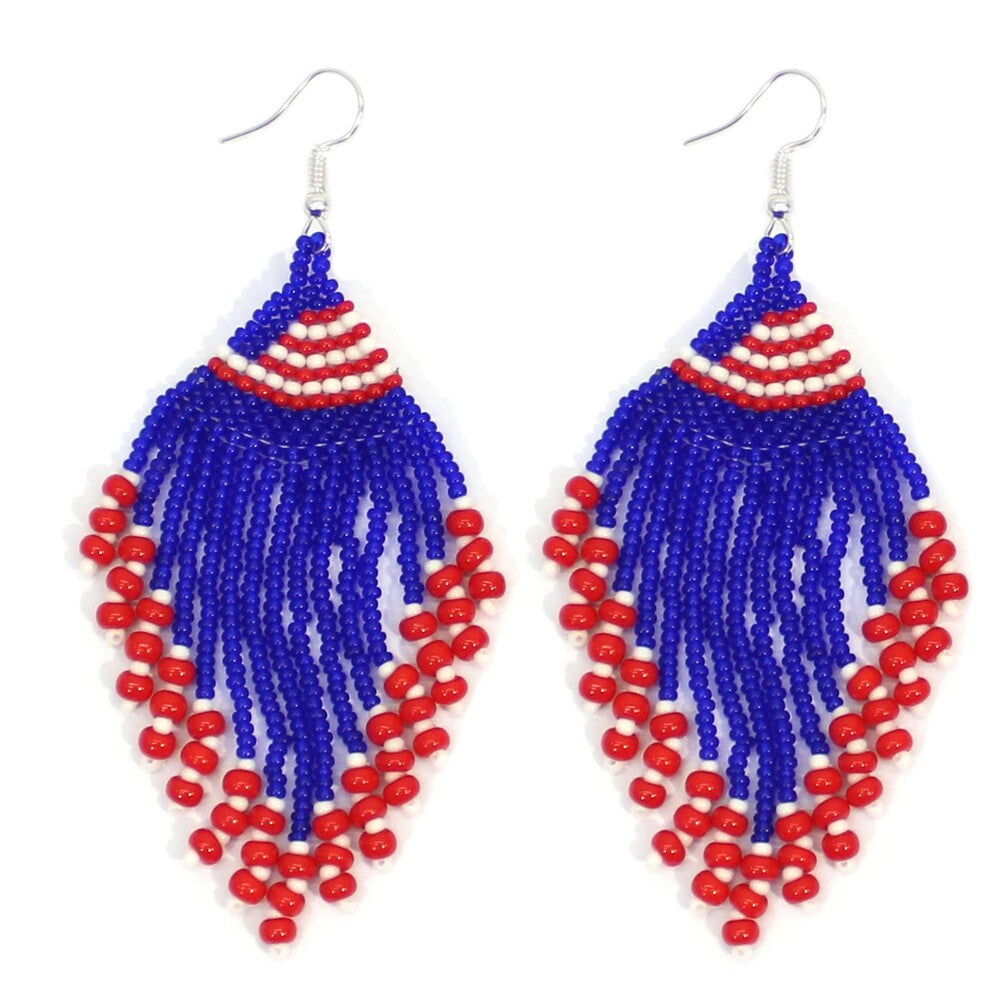 Handmade Beaded Red Blue White Patriotic Color Chandelier Earrings