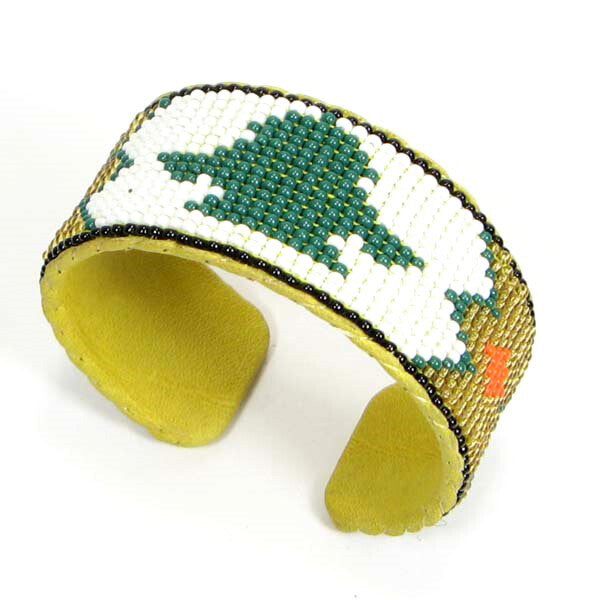 Handmade Seed Beaded White Green Leather Hard Cuff Bracelet