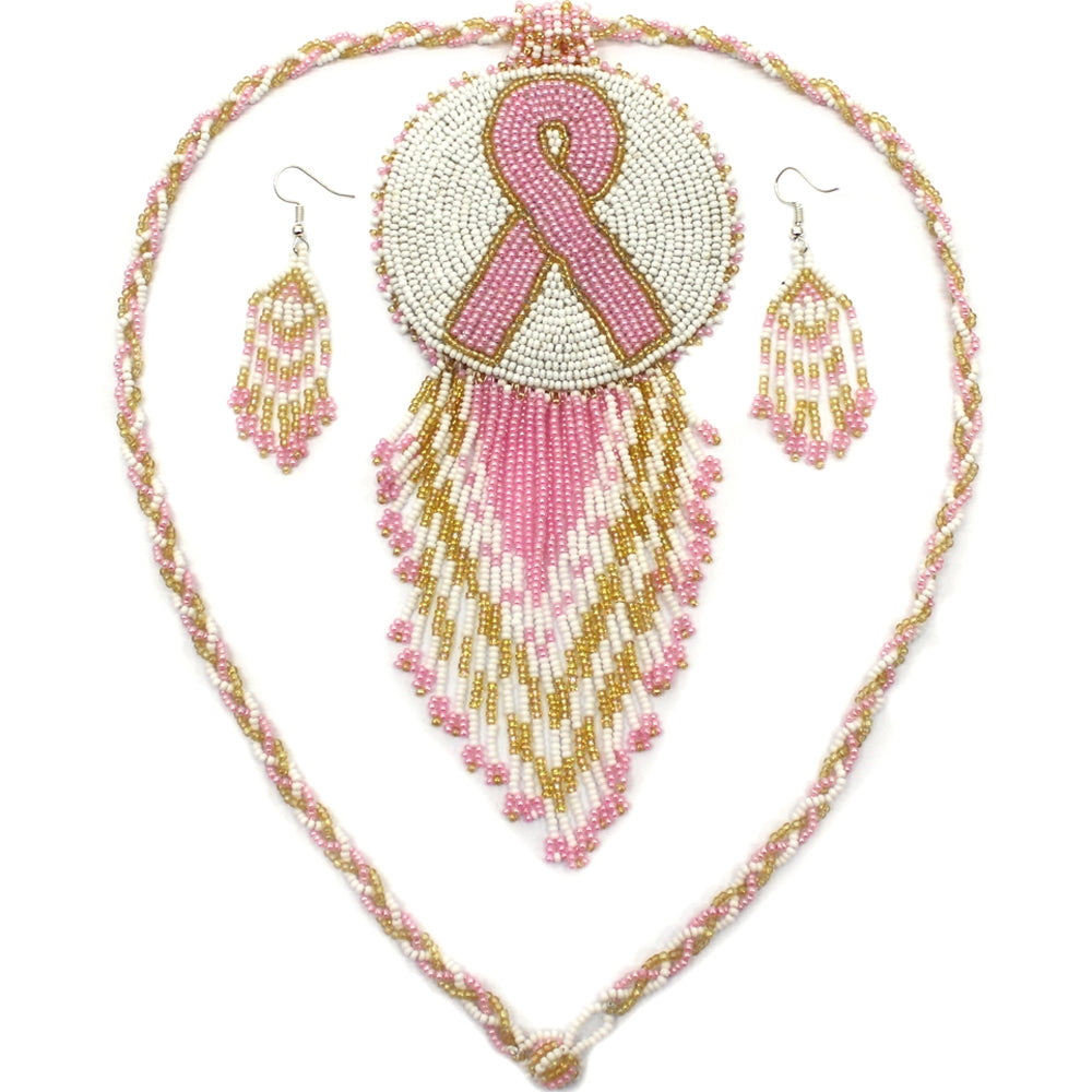 Pink Ribbon Handmade Breast Cancer Awareness Beaded Necklace Earrings Set