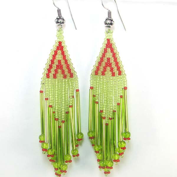 Vibrant Green and Red Beaded Fringe Earrings