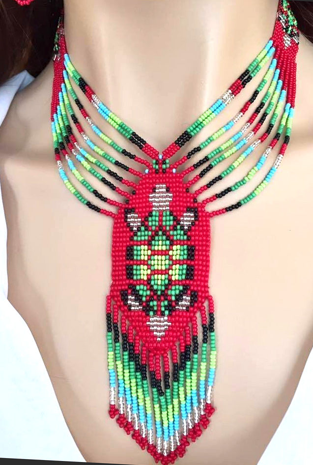 Turtle Beadwork Red Green Gold Beaded Lariat Necklace Earrings Set