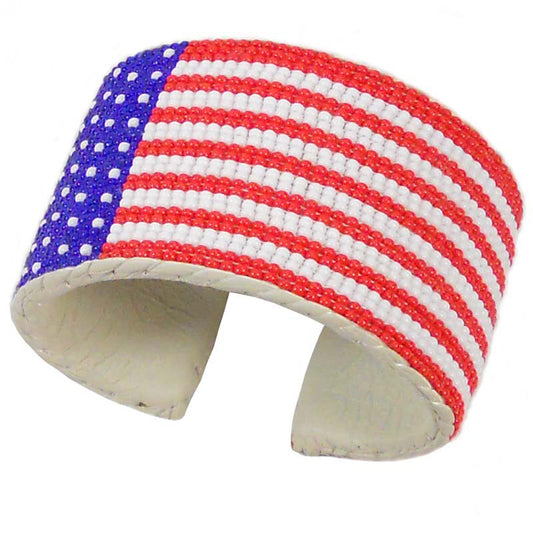 Blue White Red Seed Beaded American Flag Patriotic Beadwork Cuff Bracelet - Adjustable and Stylish