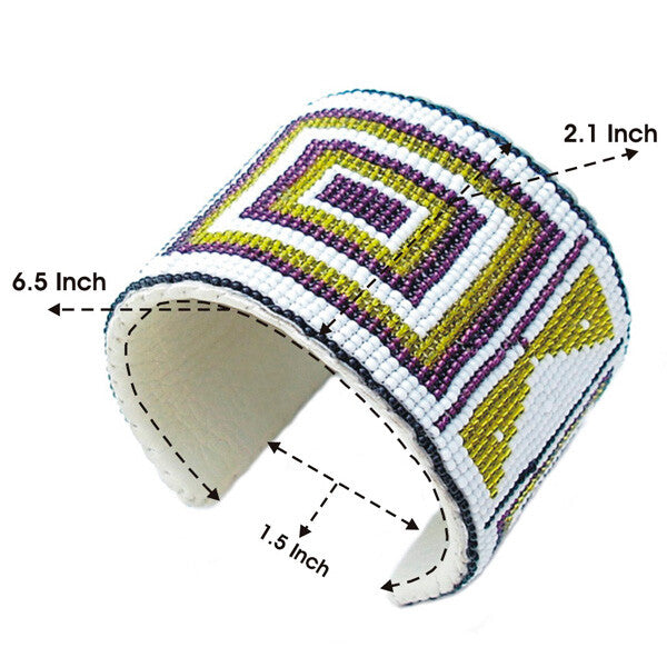 Handmade White Green Purple Beaded Bracelet with Suede Back - Adjustable Length and Bold Width