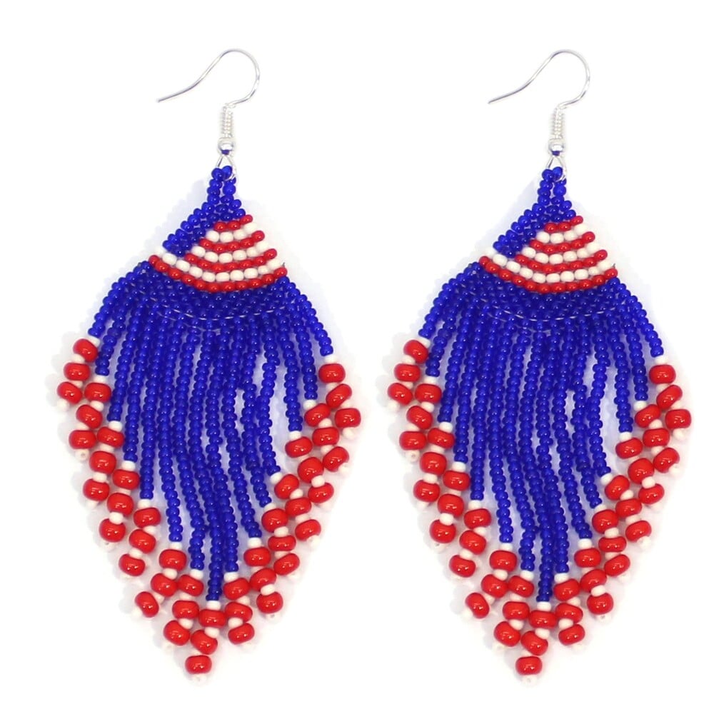 Handmade Beaded Red Blue White Patriotic Color Chandelier Earrings
