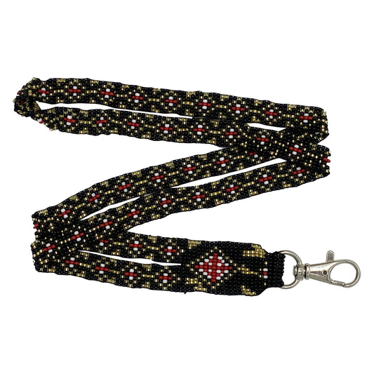 Black Golden Red Seed Beaded Red Cross Beadwork Lanyard Id Holder