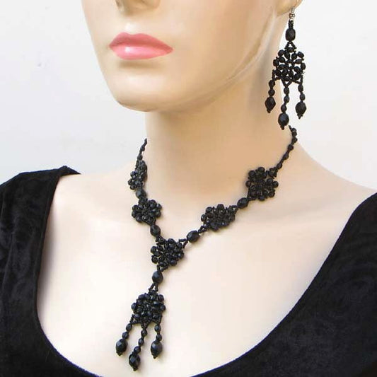Handmade Victorian Style Black Glass Beads Necklace Earrings Set