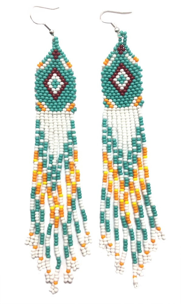Handmade Beaded Blue White Long Chandelier Earrings