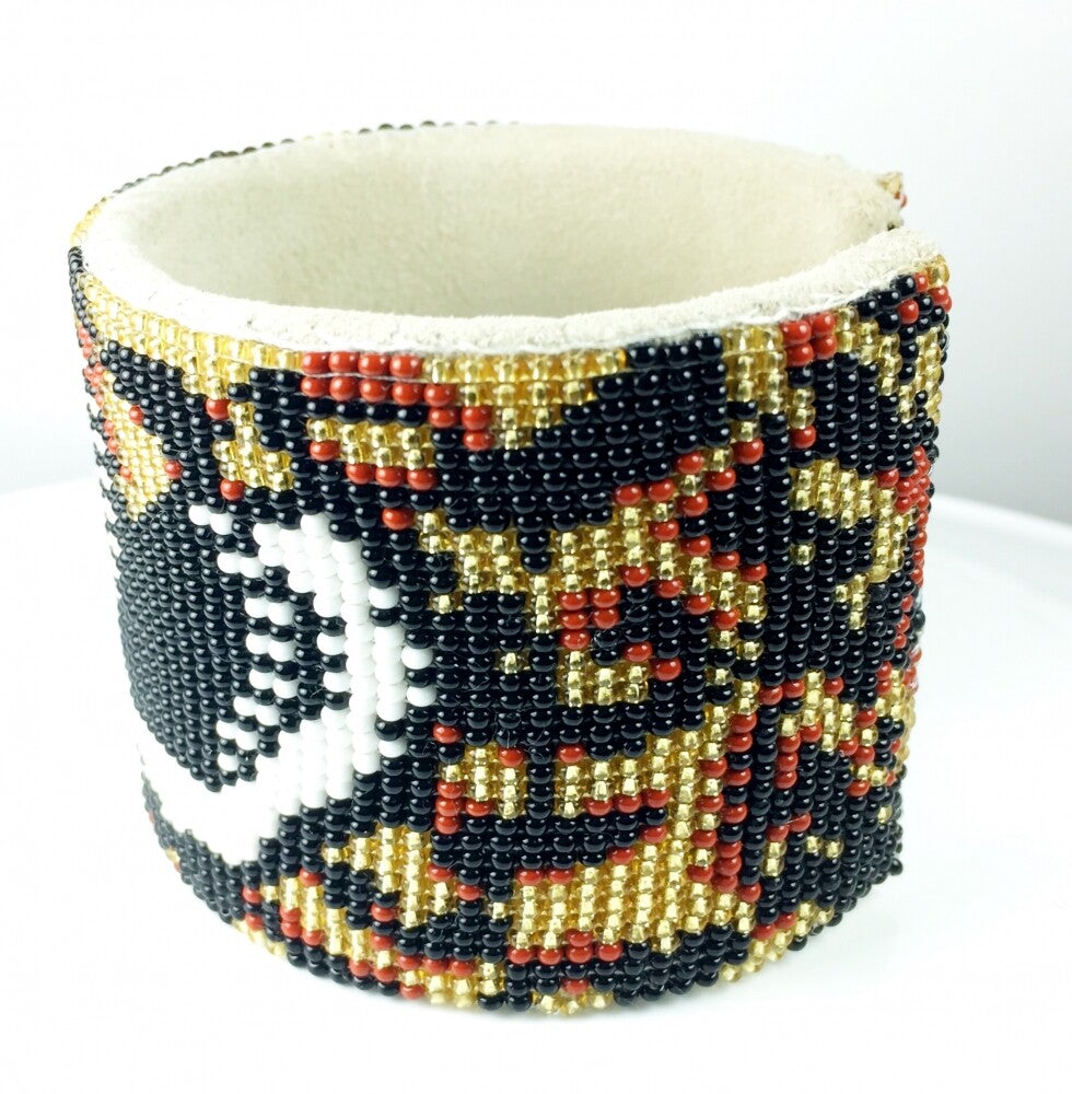 Skull Pattern Adjustable Handmade Beaded Bracelet - Wide Leather Cuff