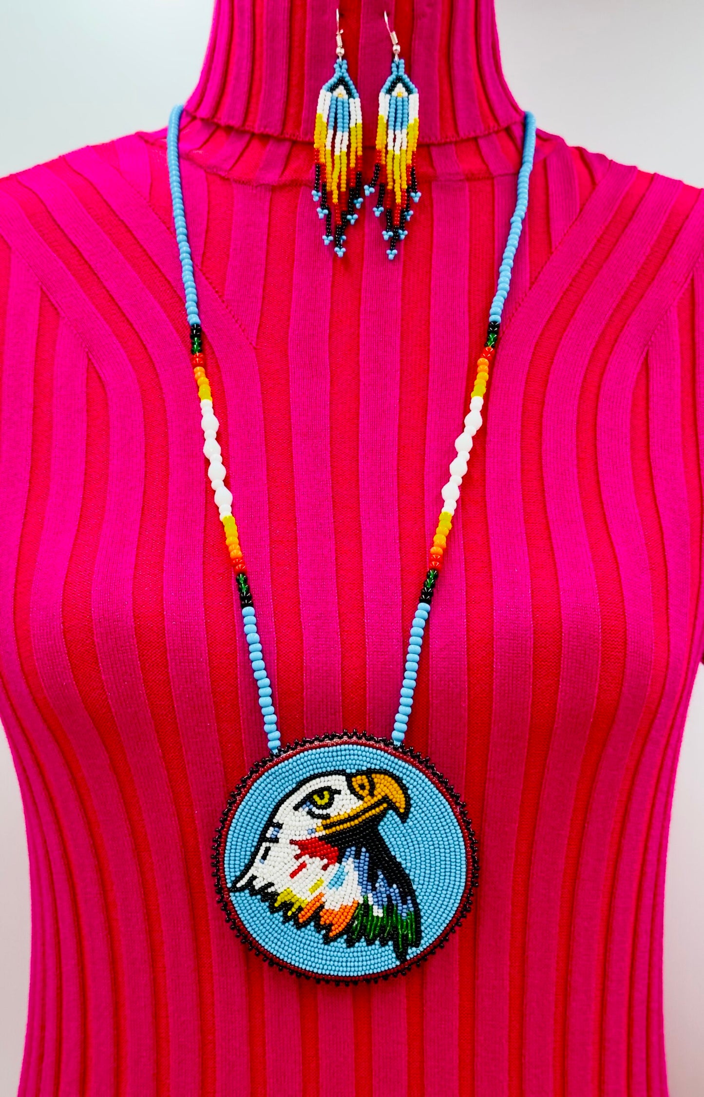 Handmade beaded Cyan Blue Eagle necklace earrings set