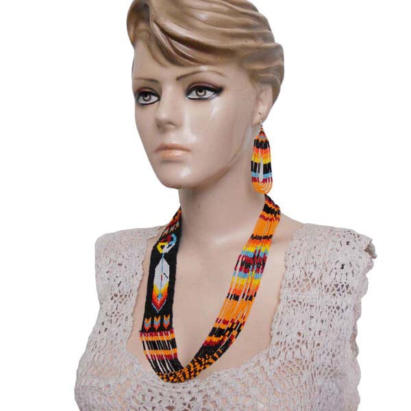 Vibrant Black Fire Feather Beaded Jewelry Set