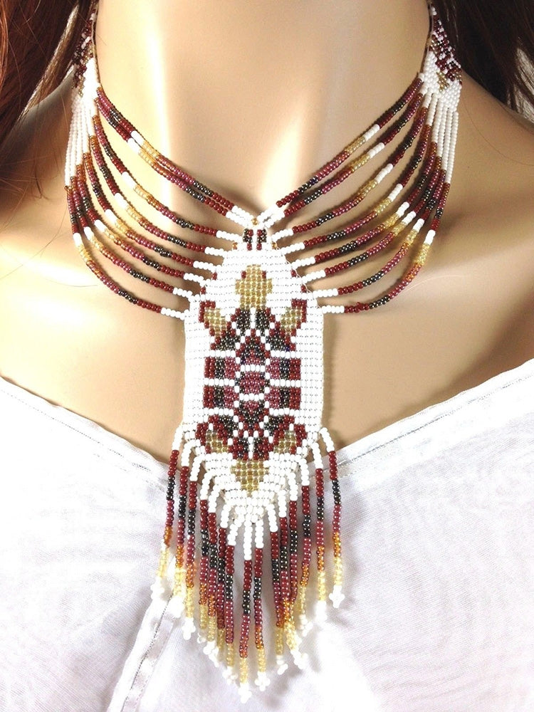 Handmade Beaded Brown White Turtle Necklace Earrings Set