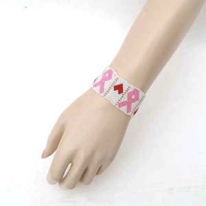 Pink Ribbon Breast Cancer Awareness Beaded Bracelet Soft Cuff