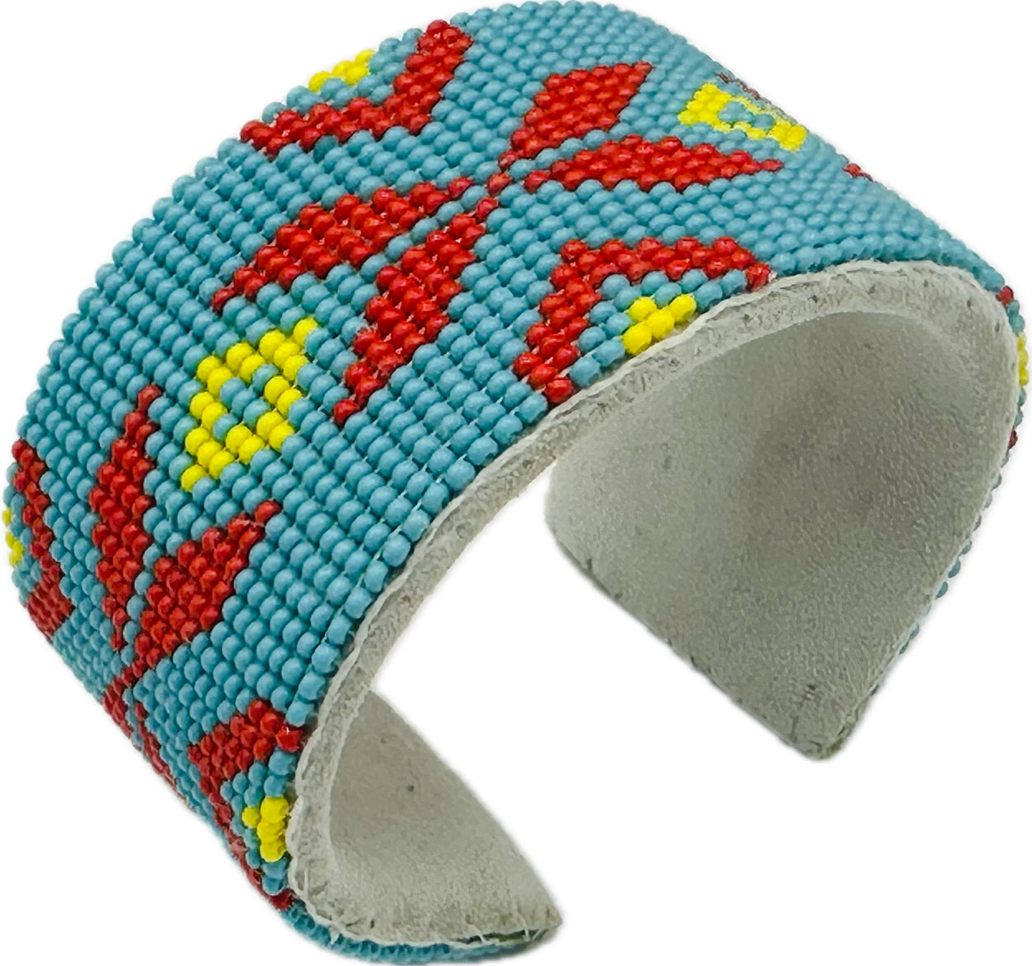 Handmade Beaded Cyan Blue Red Leather Hard Cuff Bracelet