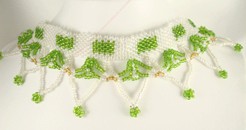 Handmade Beaded Choker Necklace and Earrings Set with Clear White and Green Czech Beads