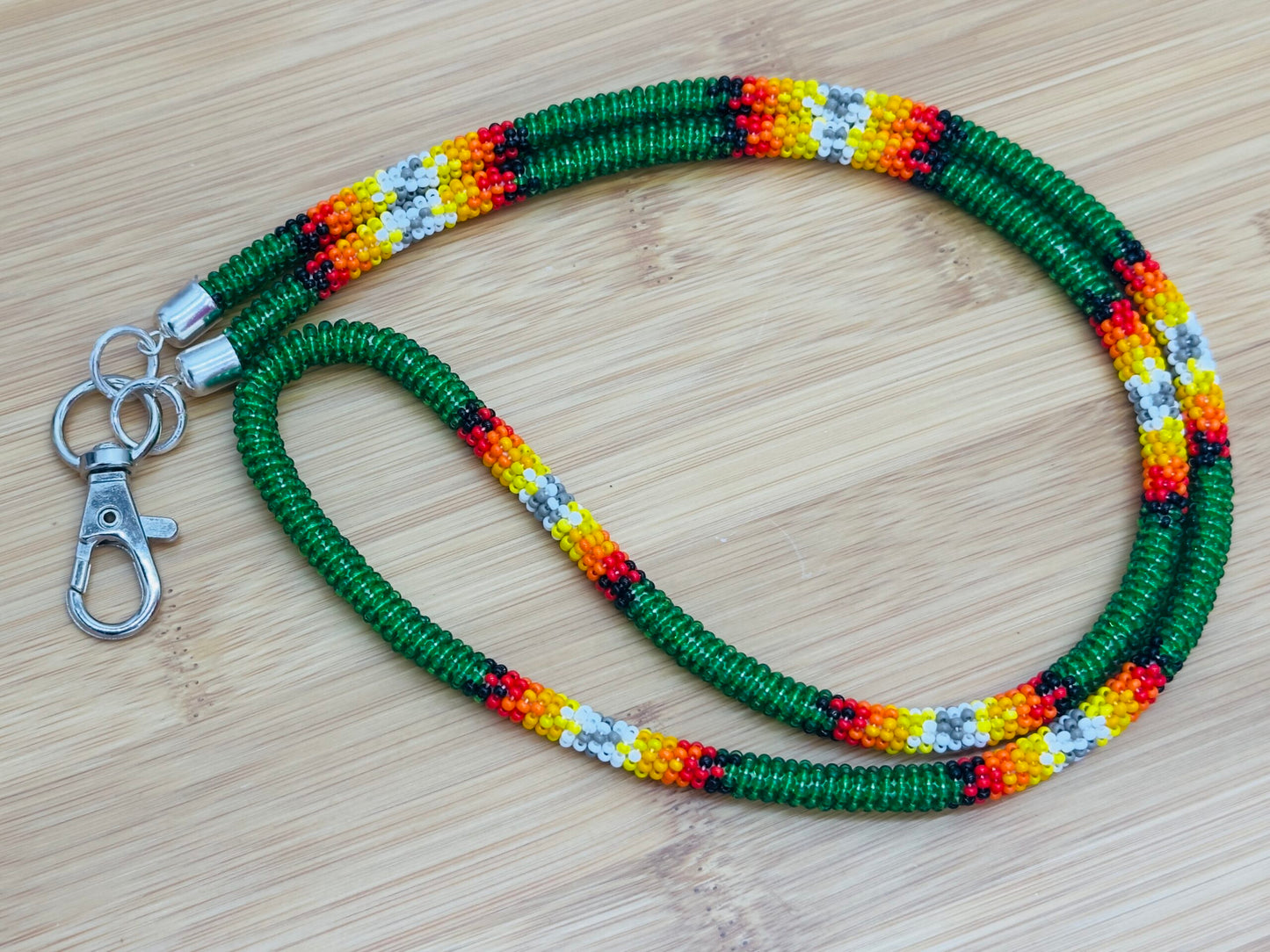 Handmade beaded Green southwestern woven lanyard