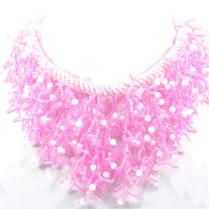 Pink White Russian Frost Seed Beaded Bib Necklace Earrings Set