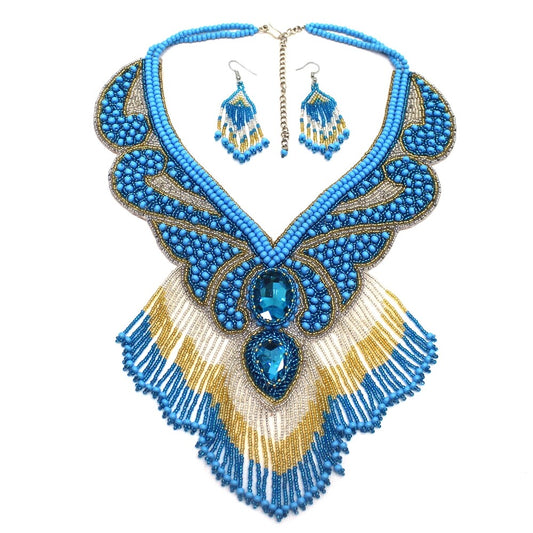 Handmade Beaded Turquoise Blue Gold Native Style Bib Necklace Earring Set