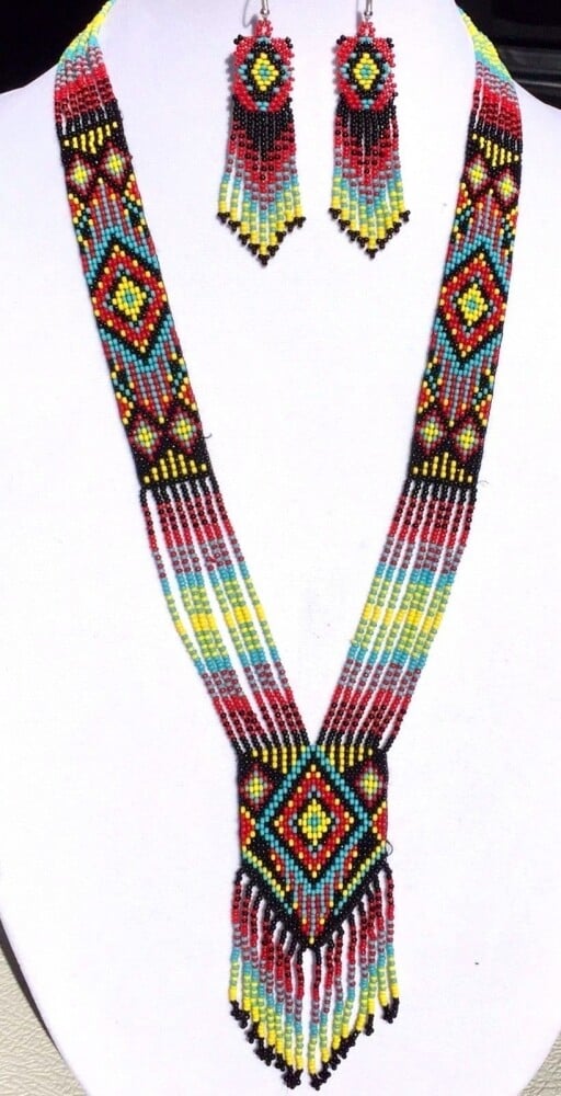 Handmade Ethnic Beaded Multicolored Native Inspired Necklace Earrings Set
