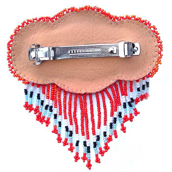 Beaded Barrette French Clip Red Rossette Fringe Beadwork