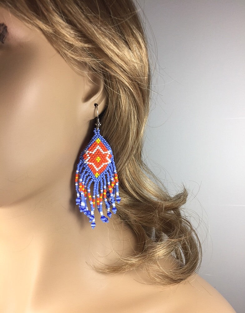 Handmade Blue Orange Beaded Fringe Earrings