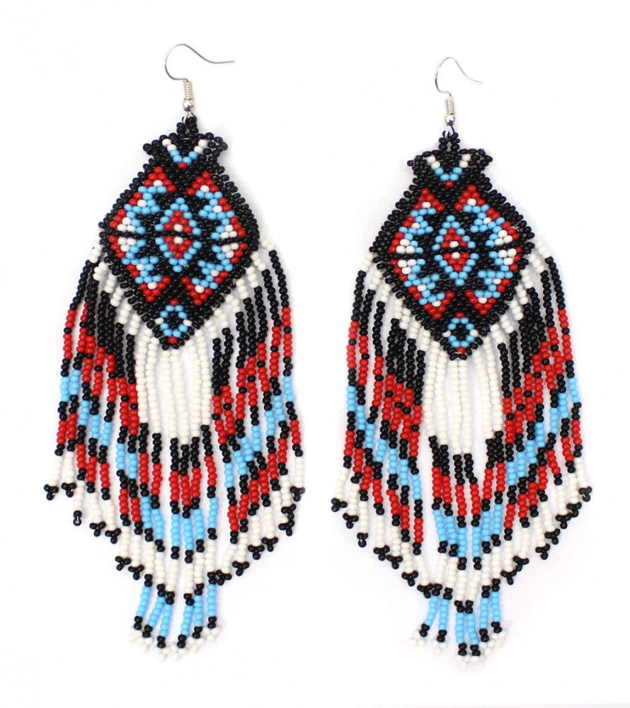 Handmade Beaded White Red Black Long Hook Earrings