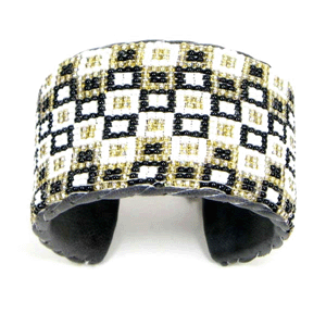 Handmade Beaded White Black Geometric Pattern Leather Cuff Bracelet - Adjustable Unisex Accessory